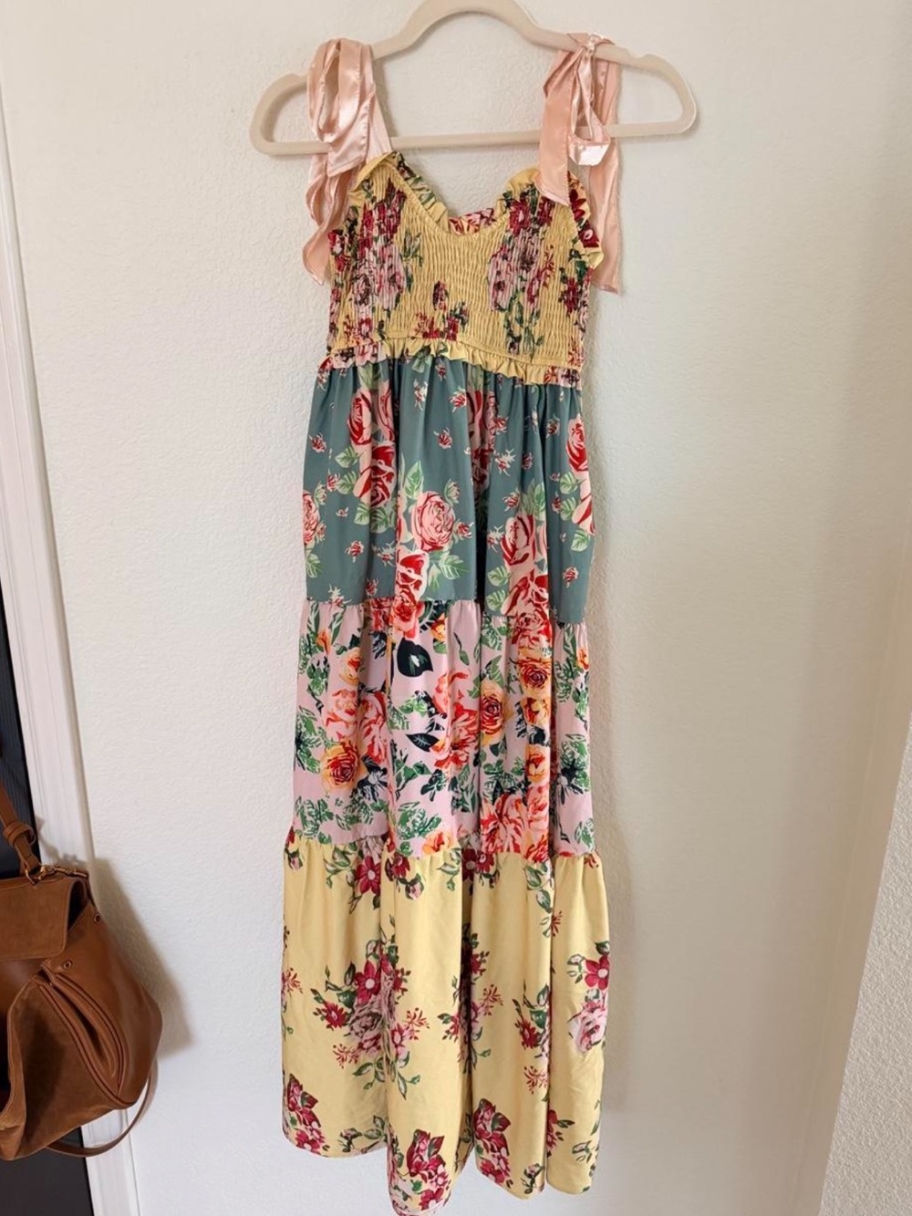 Floral Tiered Maxi Dress with Pink Tie Straps size Small NWOT